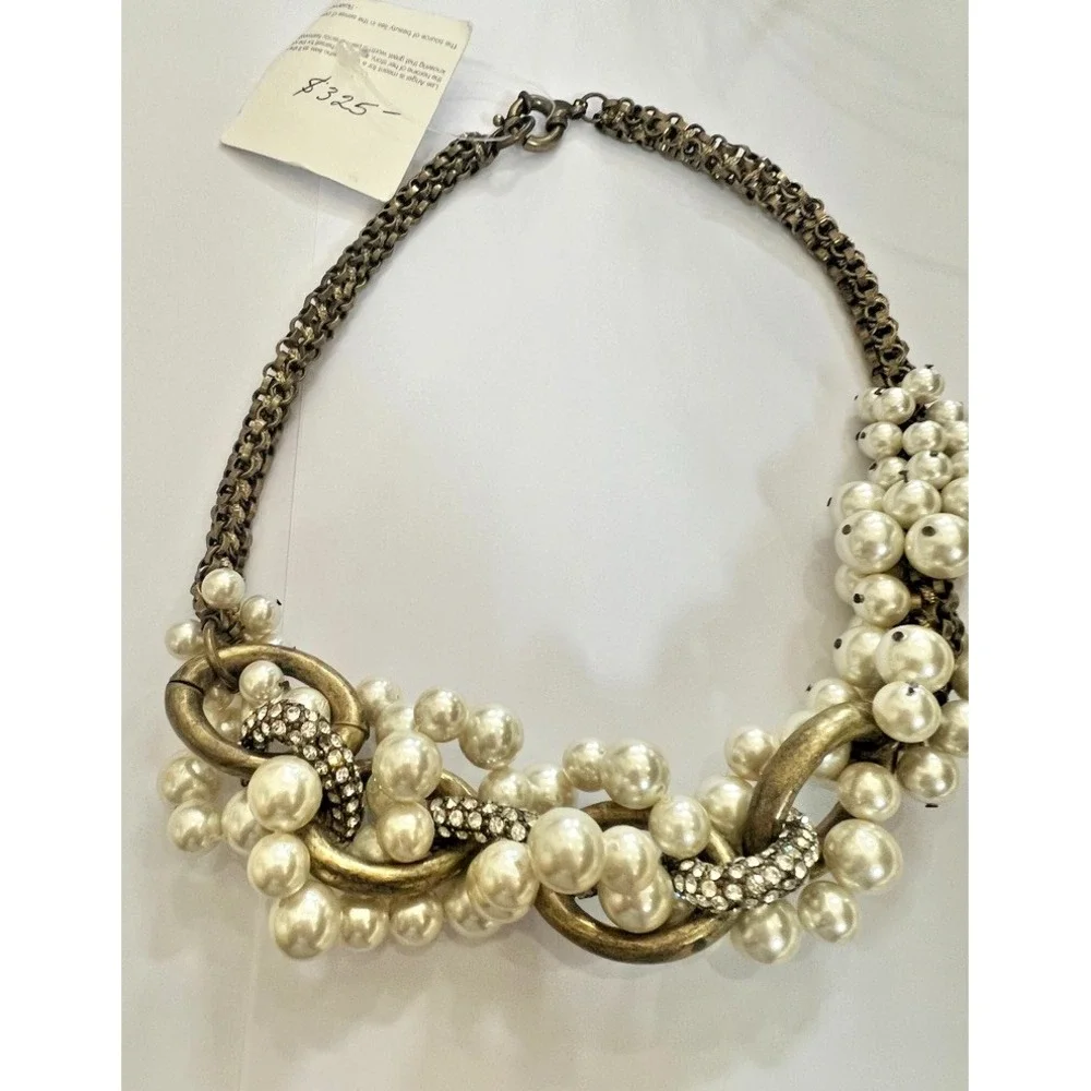 NOS Lee Angel Faux Pearl Rhinestone Link Necklace Antiqued Gold Y2K Luxe Baroque